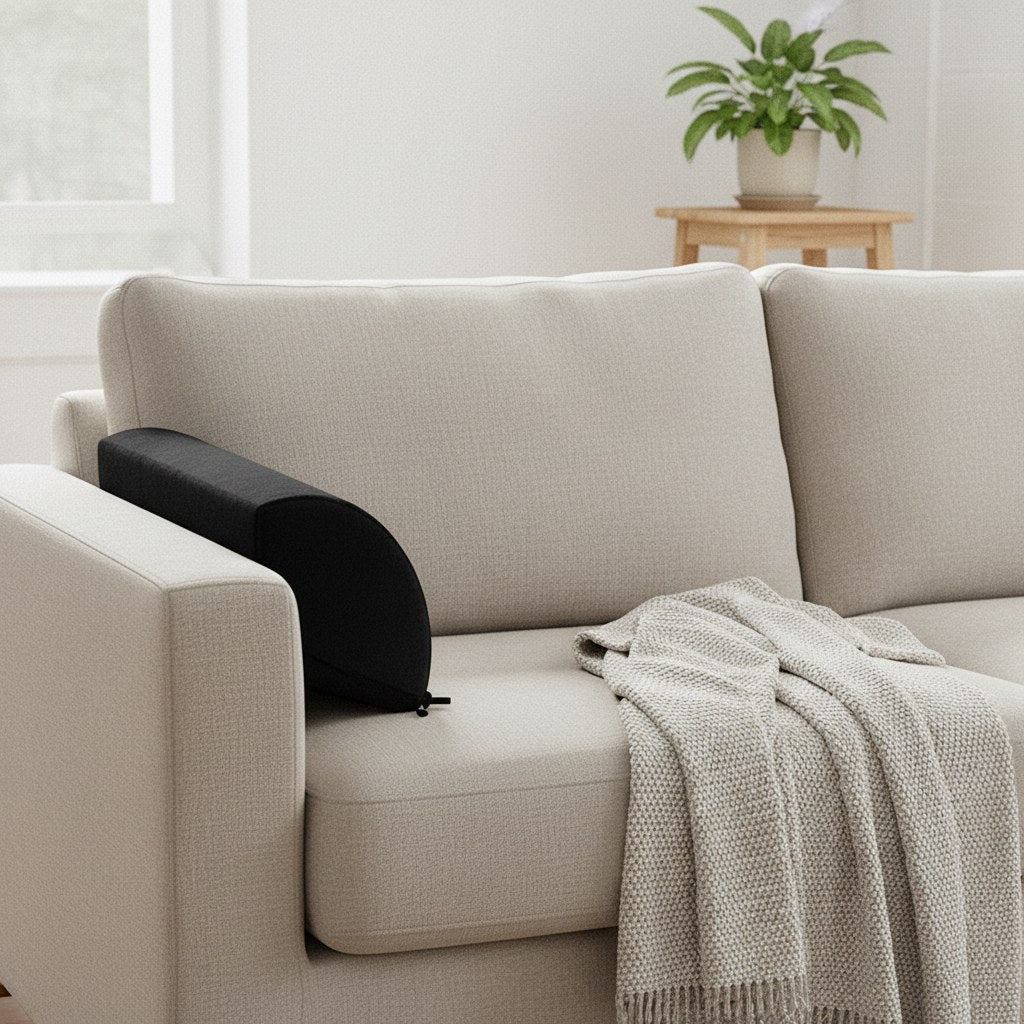 Coussin demi-lune utilisé comme appui-nuque sur un canapé