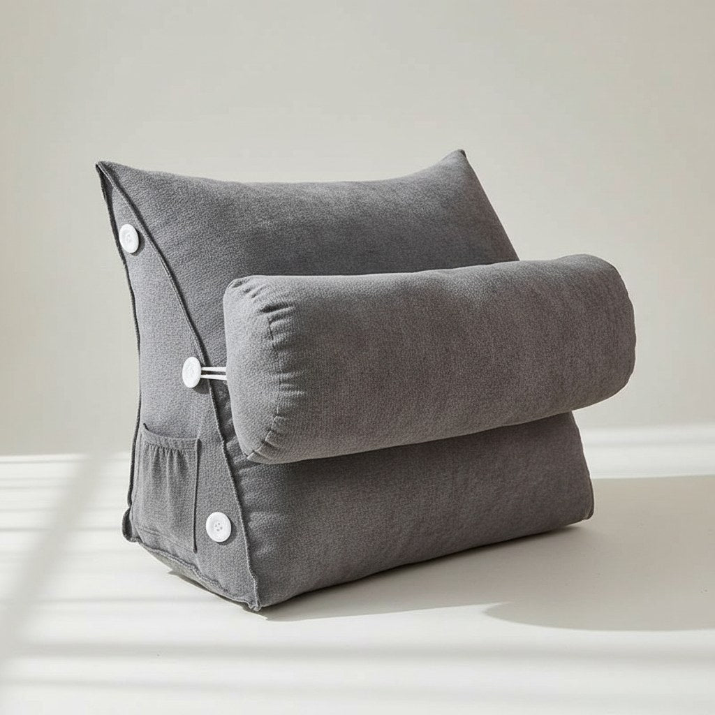 Coussin de dossier triangulaire gris avec traversin amovible et poche latérale