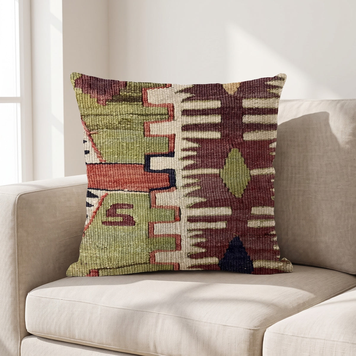 Coussin ethnique motif Broderie Maya 45x45 cm posé sur un canapé en lin beige