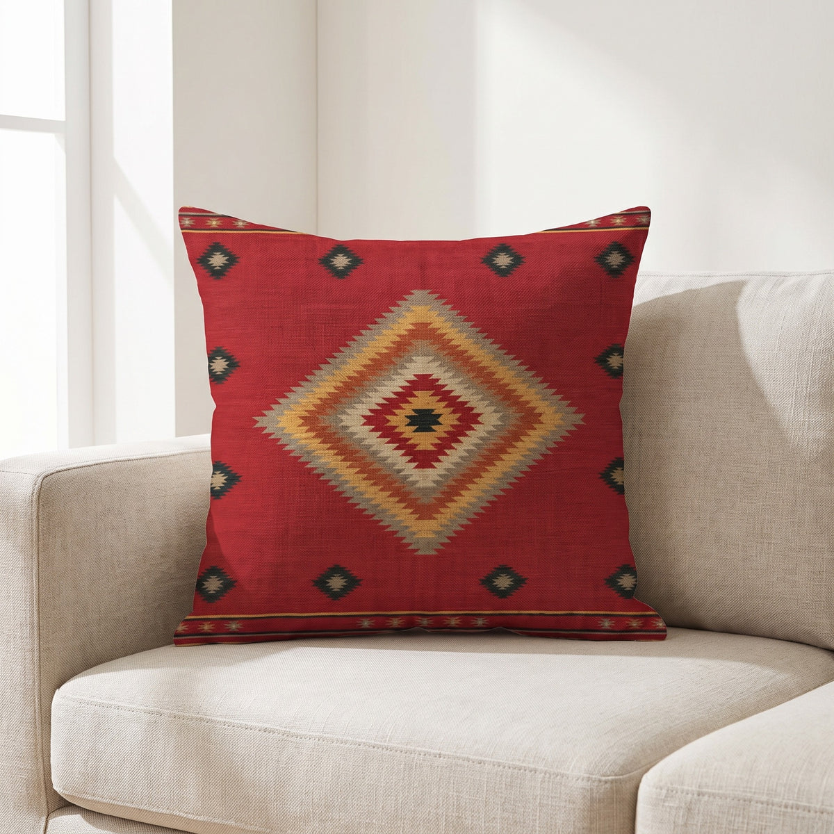 Coussin ethnique motif Doux Chaman 45x45 cm posé sur un canapé en lin beige