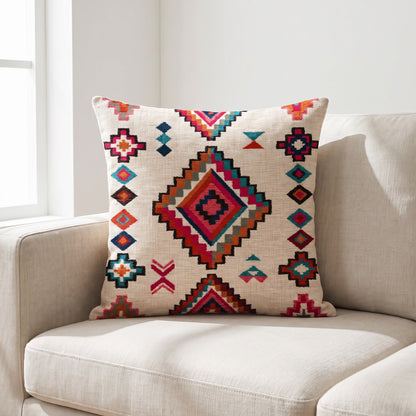 Coussin ethnique motif Éclat Tribal 45x45 cm posé sur un canapé en lin beige
