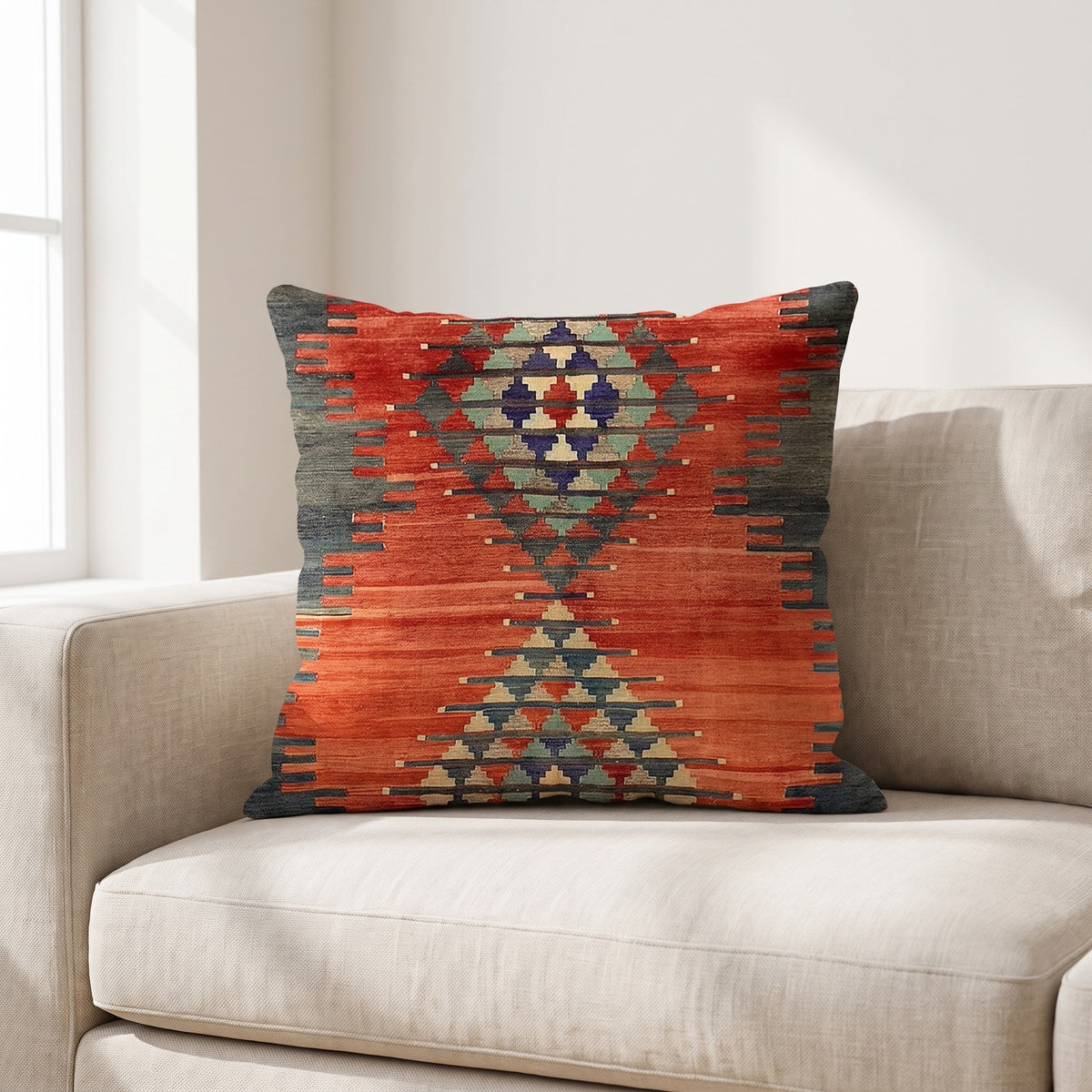 Coussin ethnique motif Labyrinthe Amérindien 45x45 cm posé sur un canapé en lin beige