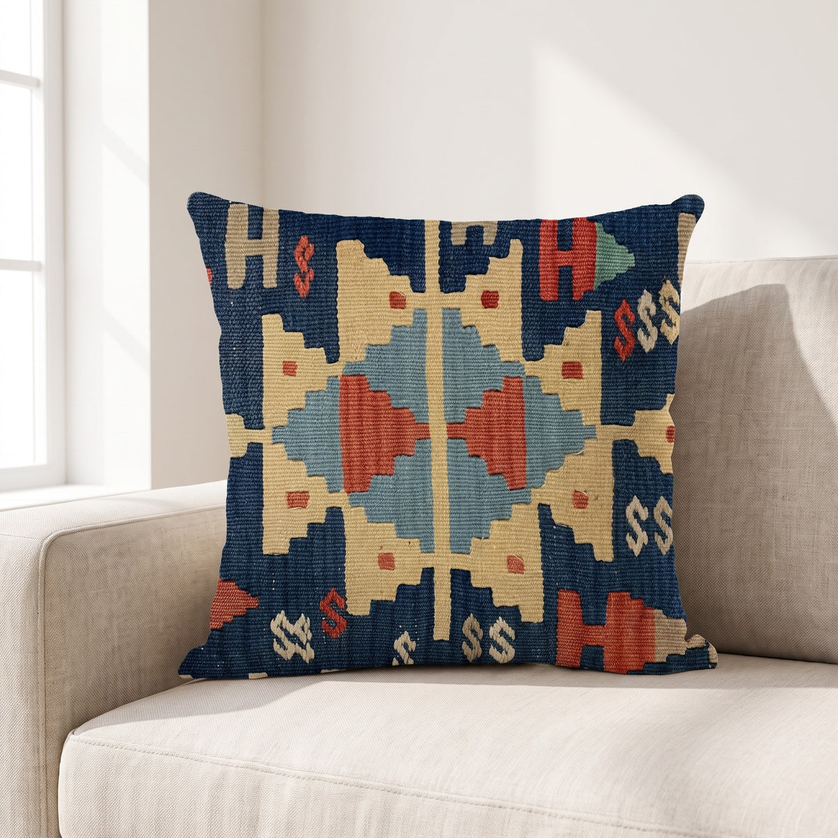 Coussin ethnique motif Lueur Zouloue 45x45 cm posé sur un canapé en lin beige