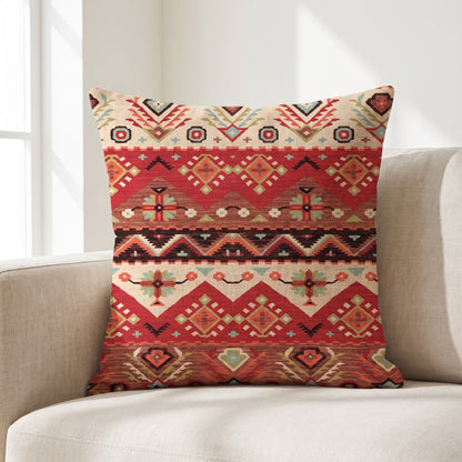 Coussin ethnique motif Ombres Inuites 45x45 cm posé sur un canapé en lin beige