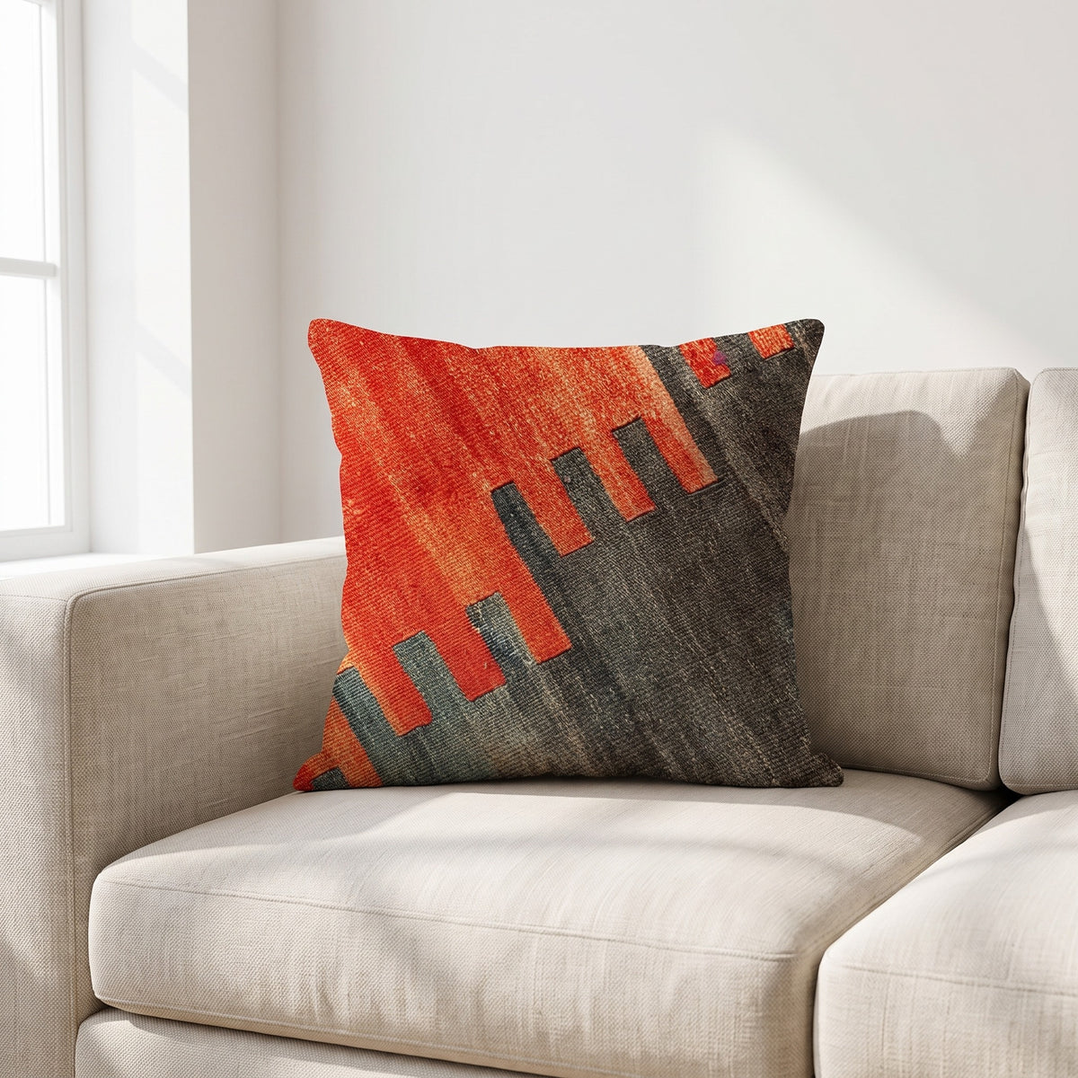 Coussin ethnique motif Riche Batik 45x45 cm posé sur un canapé en lin beige