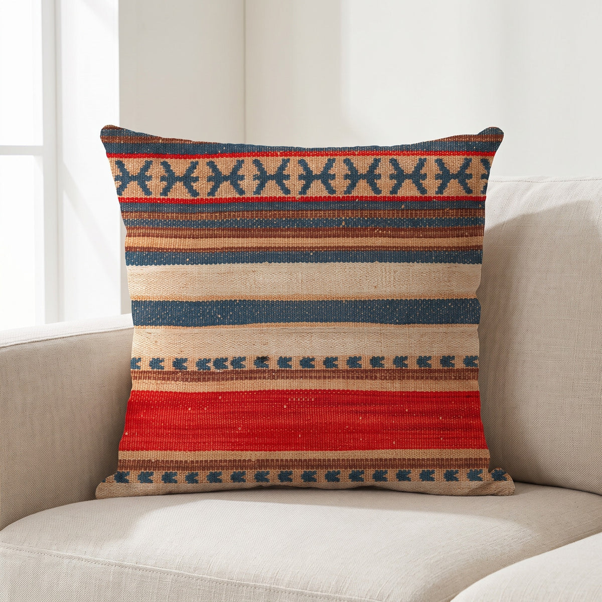 Coussin ethnique motif Rondeurs Samoanes 45x45 cm posé sur un canapé en lin beige