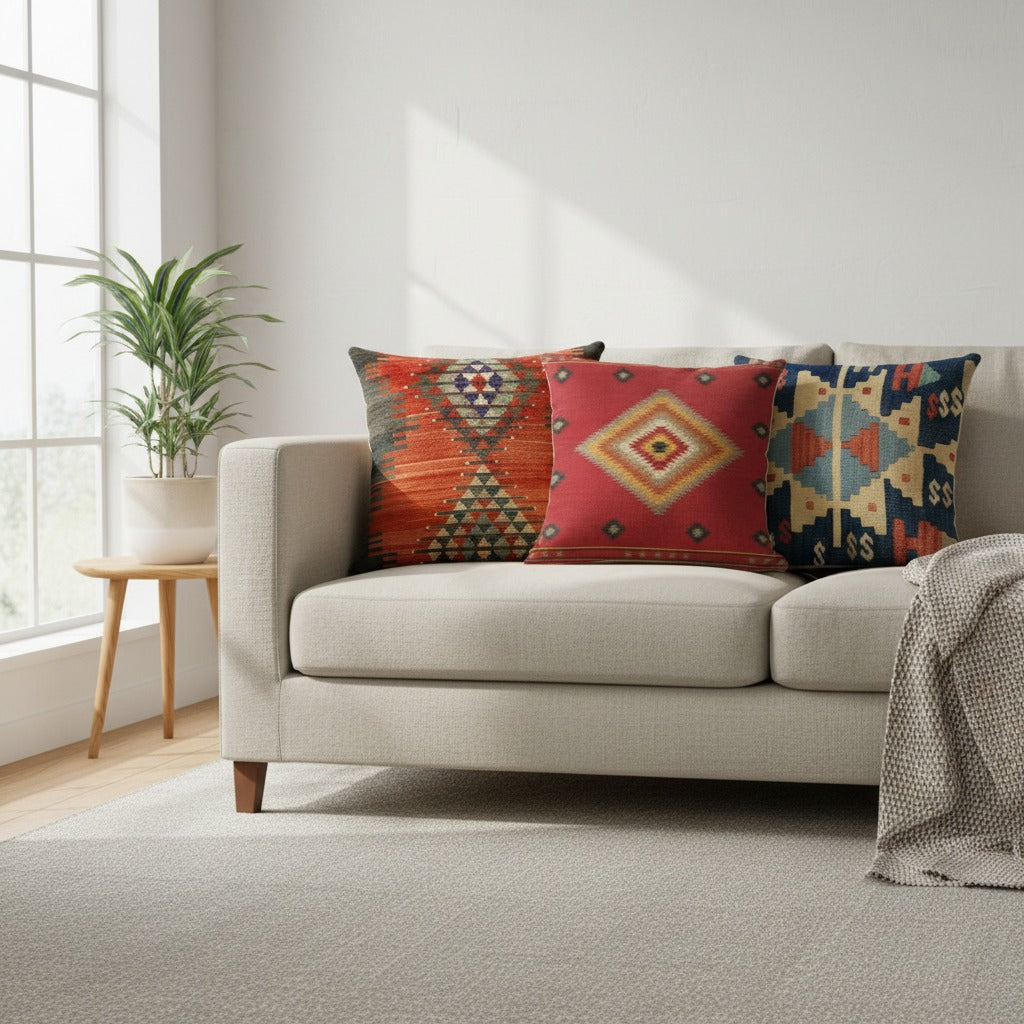 Coussins ethniques motifs Doux Chaman, Labyrinthe Amérindien et Lueur Zouloue sur un canapé en lin beige dans un salon lumineux