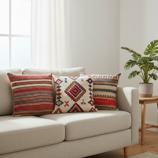 Coussins ethniques motifs Tissage Kilim, Éclat Tribal et Rondeurs Samoanes sur un canapé en lin beige dans un salon lumineux