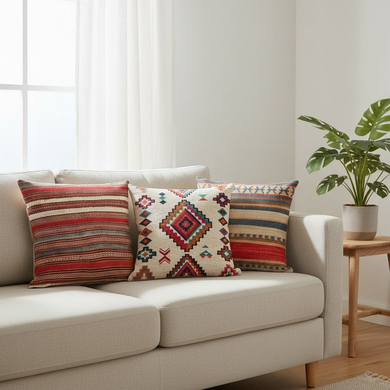Coussins ethniques motifs Tissage Kilim, Éclat Tribal et Rondeurs Samoanes sur un canapé en lin beige dans un salon lumineux