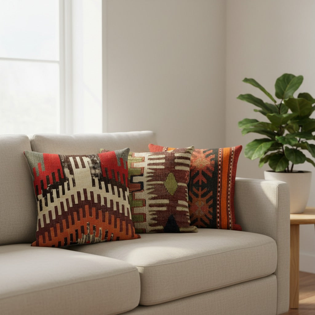 Coussins ethniques motifs Voyage Persan, Broderie Maya et Nuances Sami sur un canapé en lin beige dans un salon lumineux