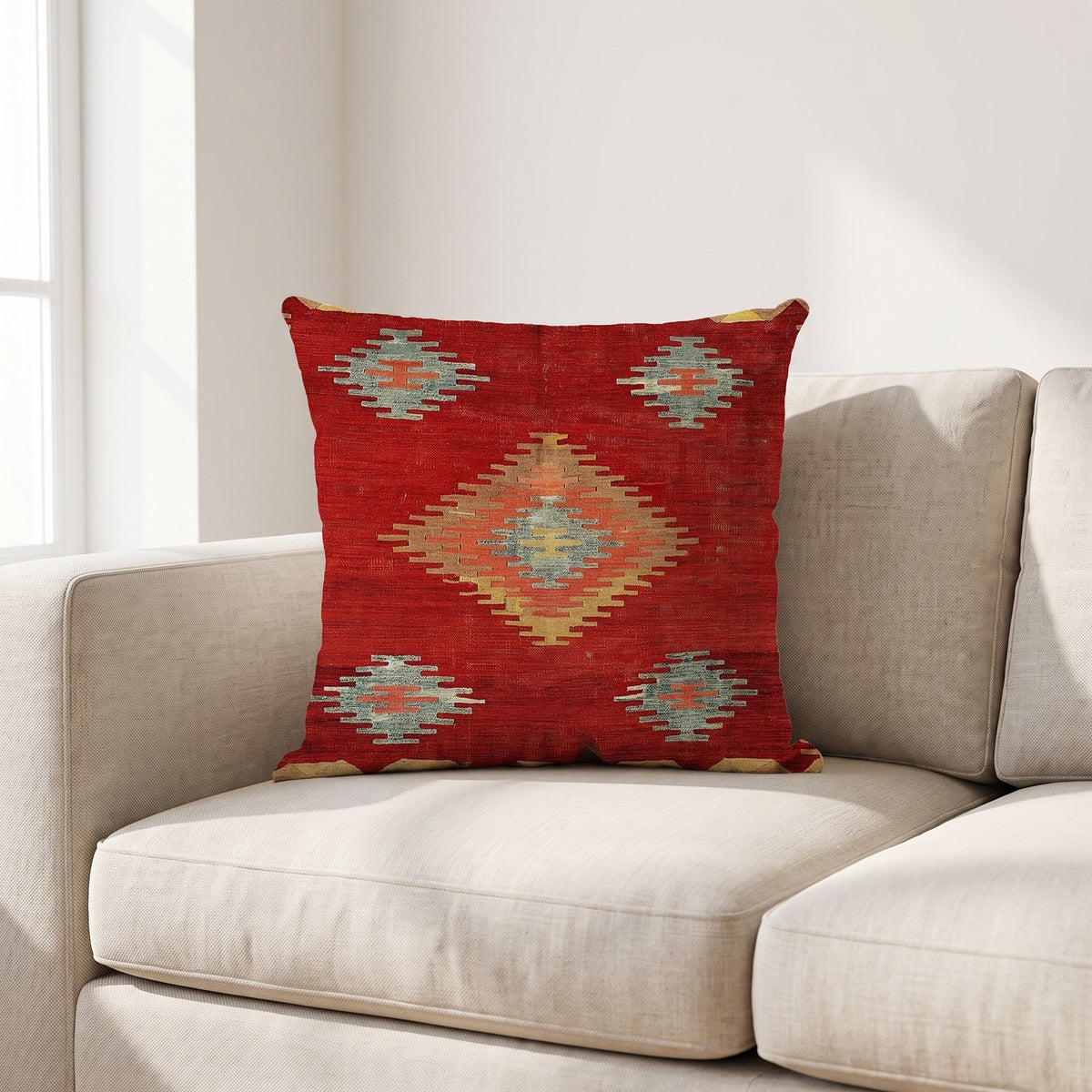 Coussin ethnique motif Symphonie Touarègue 45x45 cm posé sur un canapé en lin beige