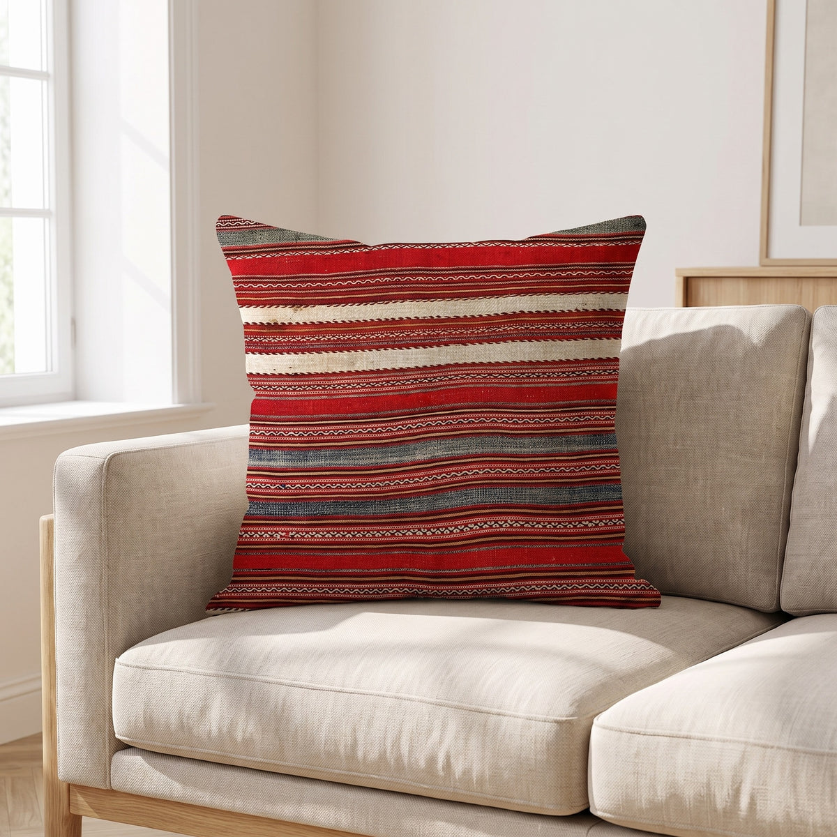 Coussin ethnique motif Tissage Kilim 45x45 cm posé sur un canapé en lin beige