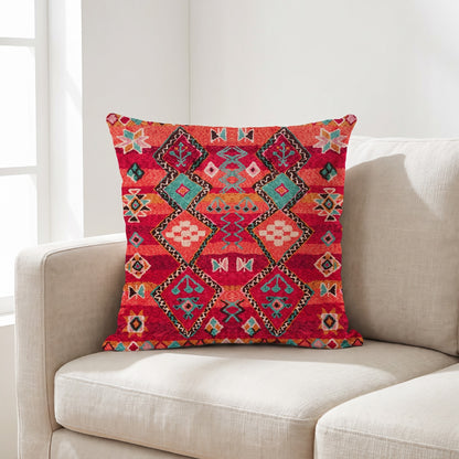 Coussin ethnique motif Vibrations Navajos 45x45 cm posé sur un canapé en lin beige