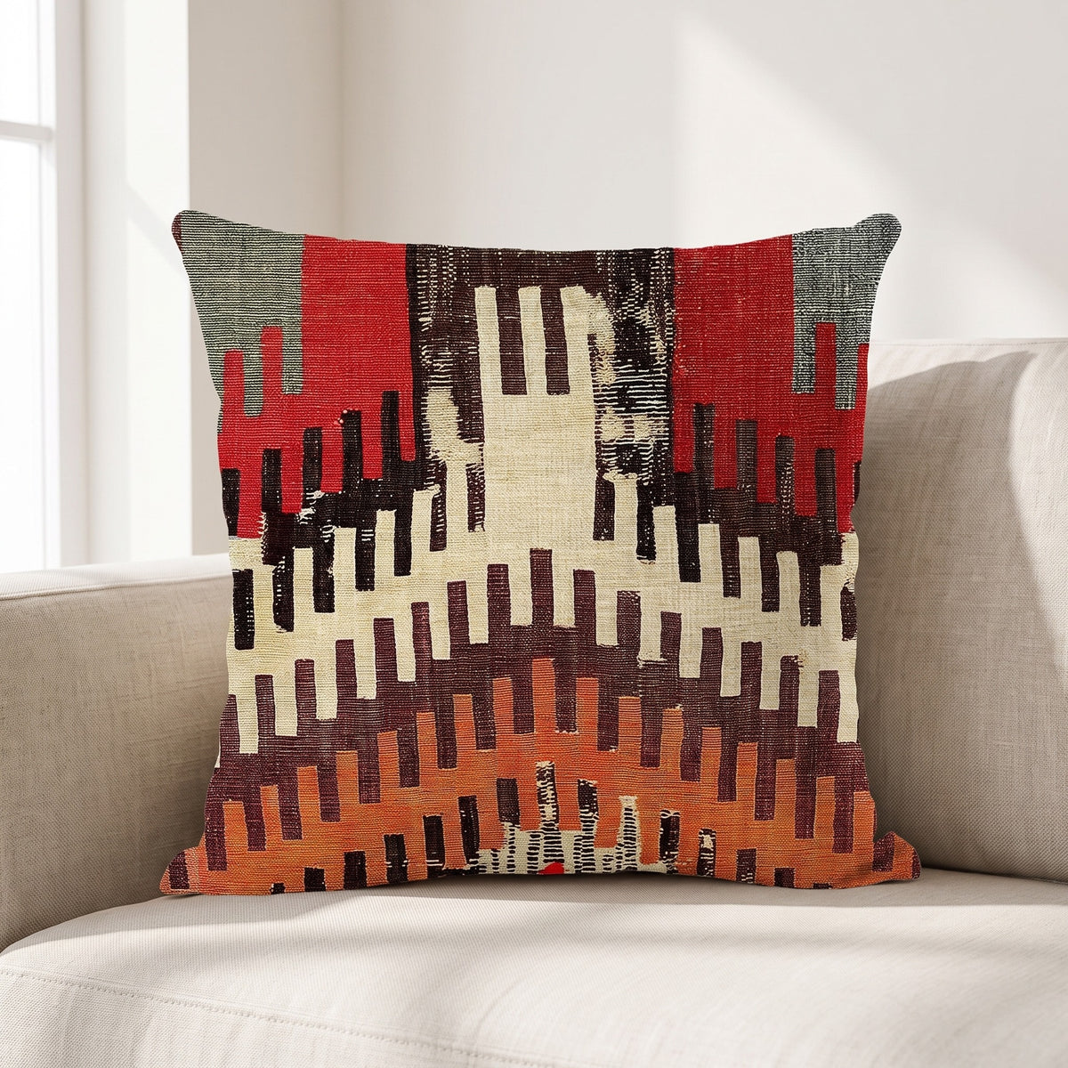 Coussin ethnique motif Voyage Persan 45x45 cm posé sur un canapé en lin beige