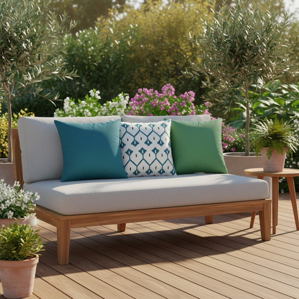 Housses de coussin extérieur imperméables motifs Uni bleu canard, Treillis bleu canard et Uni vert sur un canapé de jardin en teck, terrasse ensoleillée