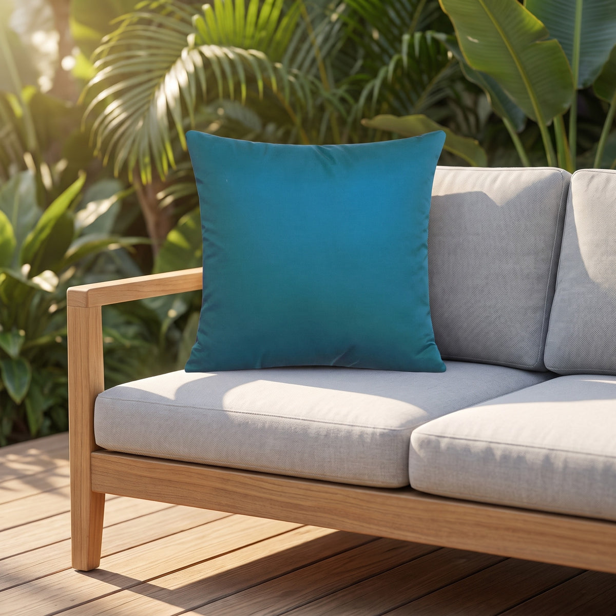 Housse de coussin extérieur imperméable motif Uni bleu canard sur un canapé de jardin en teck, terrasse ensoleillée