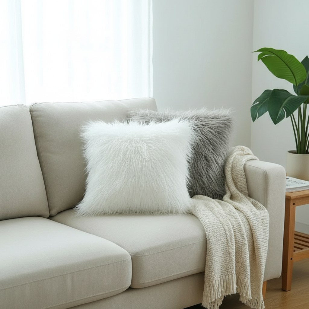 Coussins en fausse fourrure à poils longs blanc et gris sur un canapé, avec un plaid en maille