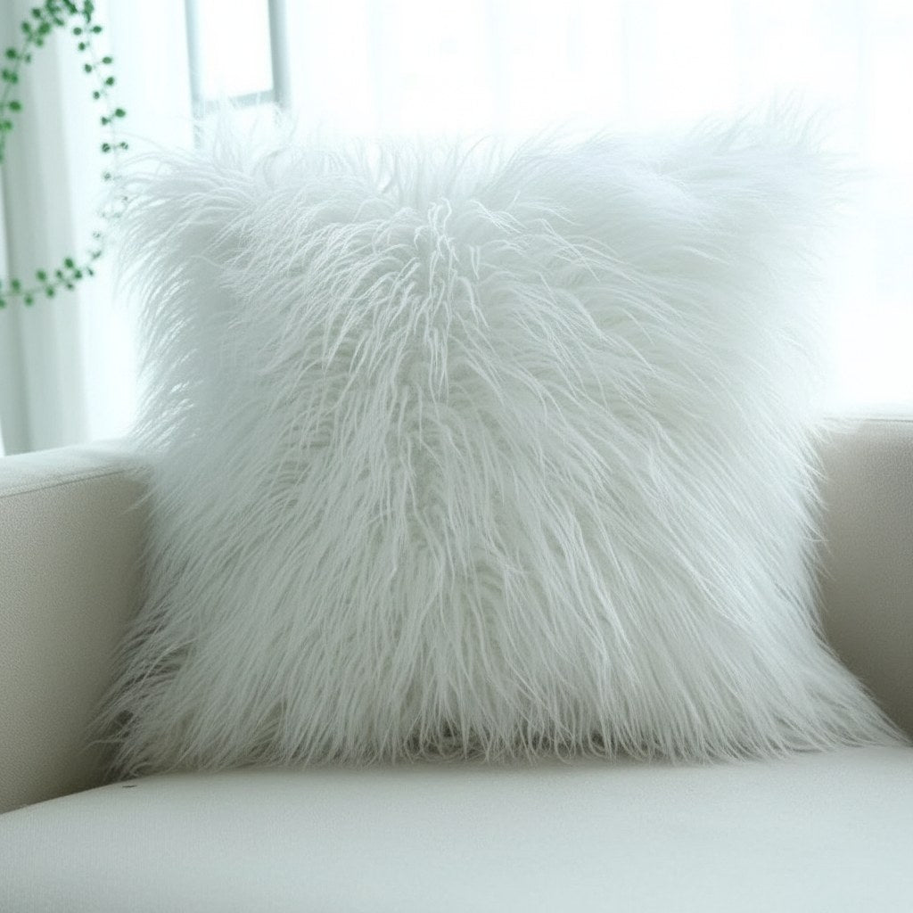 Poils longs et ondulés d'un coussin en fausse fourrure blanche posé dans un fauteuil