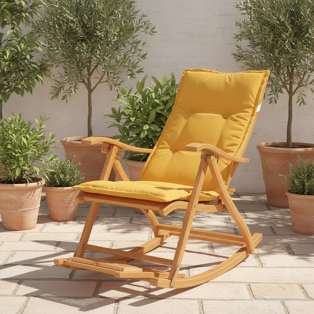 Coussin de fauteuil de jardin à dossier haut jaune moutarde sur un fauteuil à bascule en teck, en terrasse
