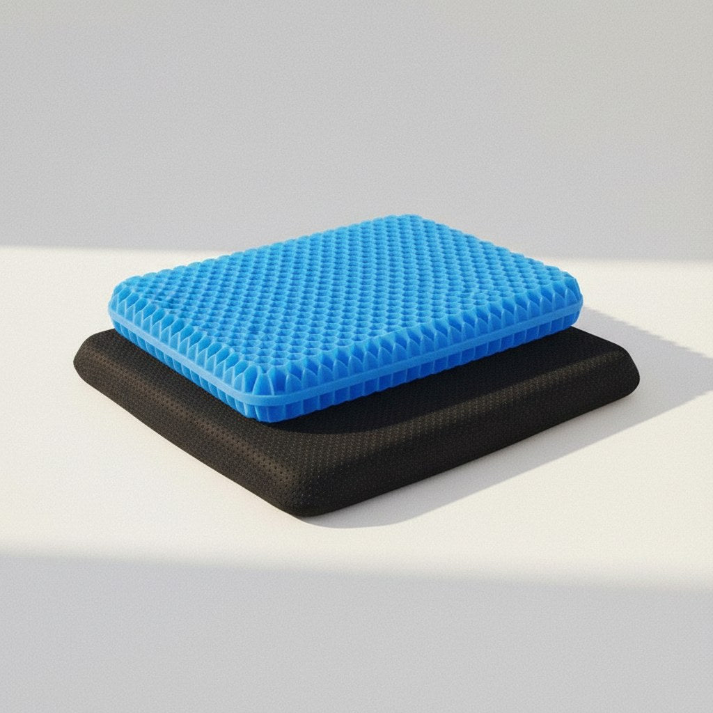 Coussin en gel nid d'abeille bleu posé sur sa housse noire
