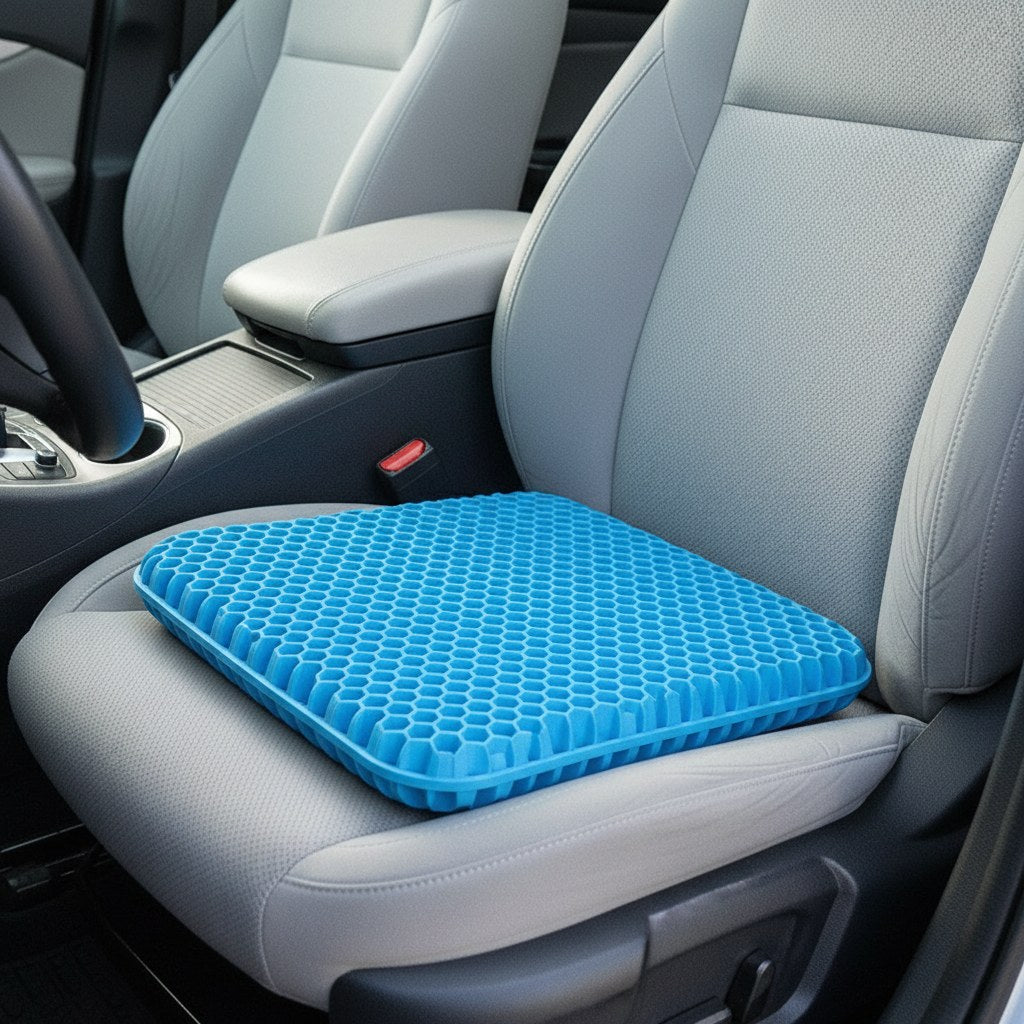 Coussin en gel nid d'abeille posé sur le siège conducteur d'une voiture