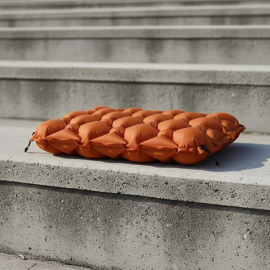 Coussin d'assise gonflable orange posé sur une marche de gradin de stade