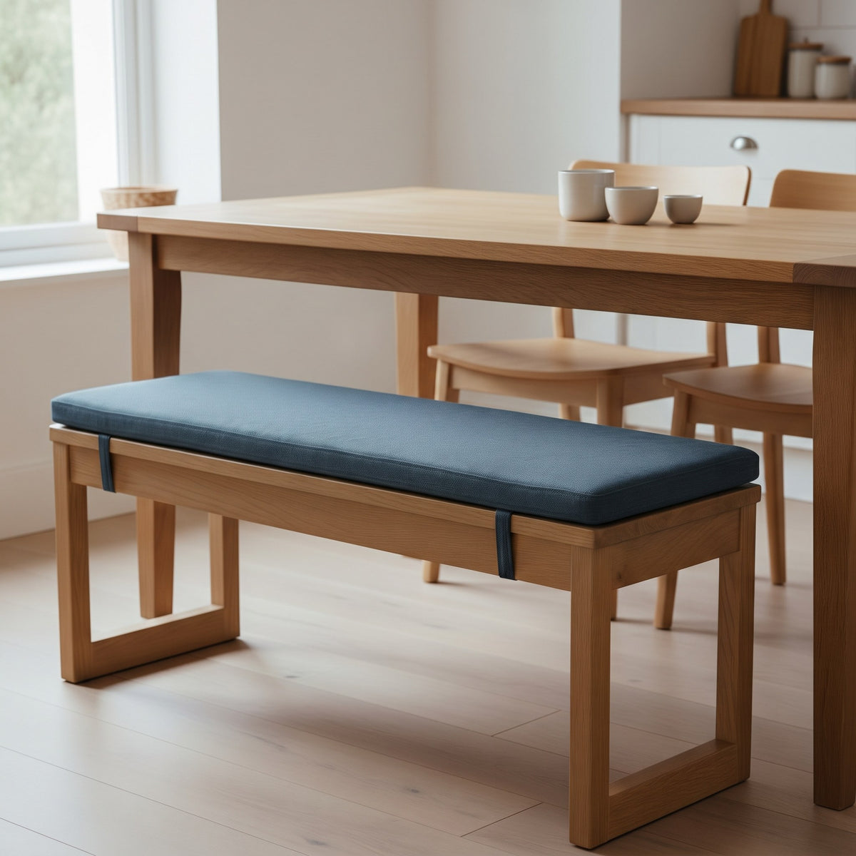 Coussin pour banc bleu marine de 3 cm d'épaisseur sur un banc de cuisine en bois
