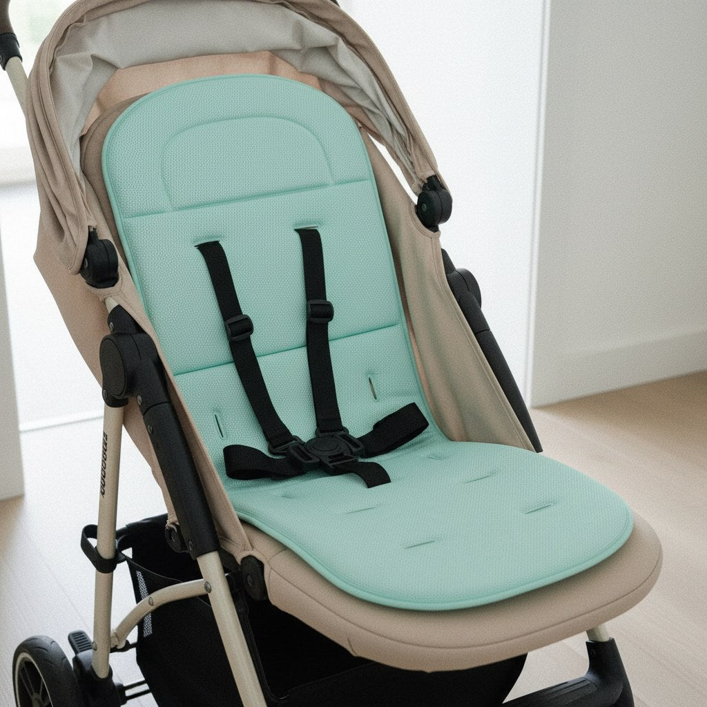 Coussin de poussette vert menthe installé dans une poussette beige