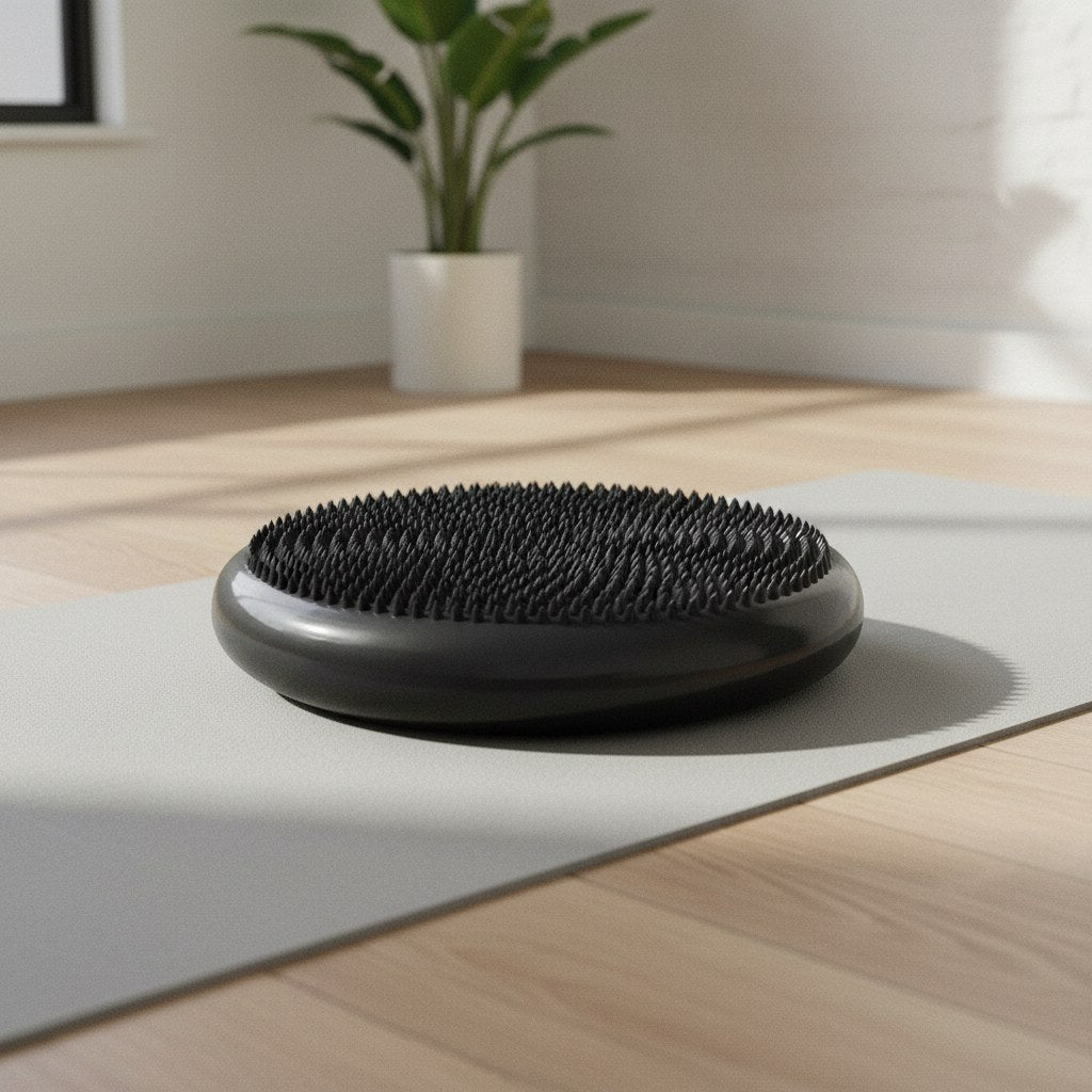 Coussin de proprioception noir posé sur un tapis de sol pour les exercices d'équilibre