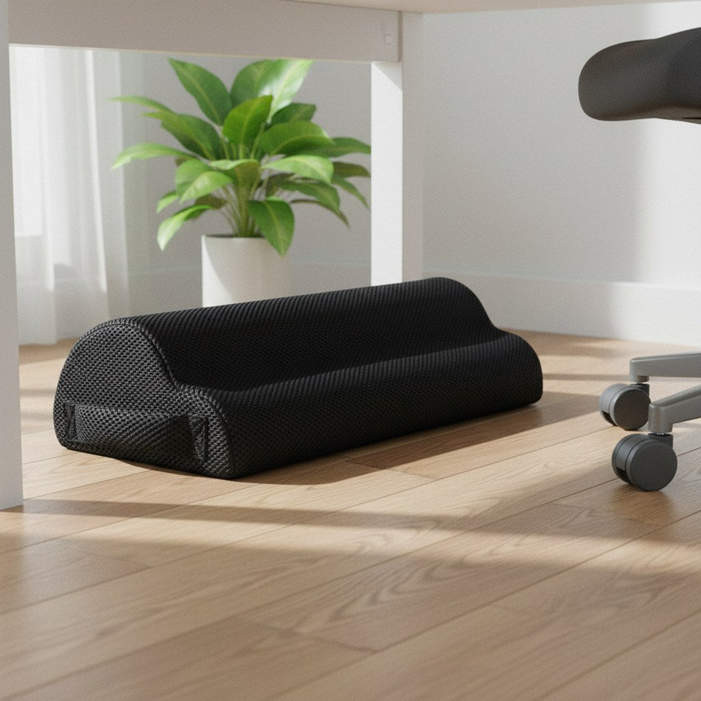 Coussin repose-pieds noir en mousse posé sous un bureau