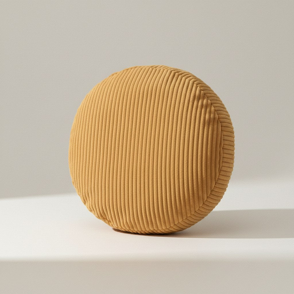 Coussin rond en velours côtelé ocre, 40 cm de diamètre