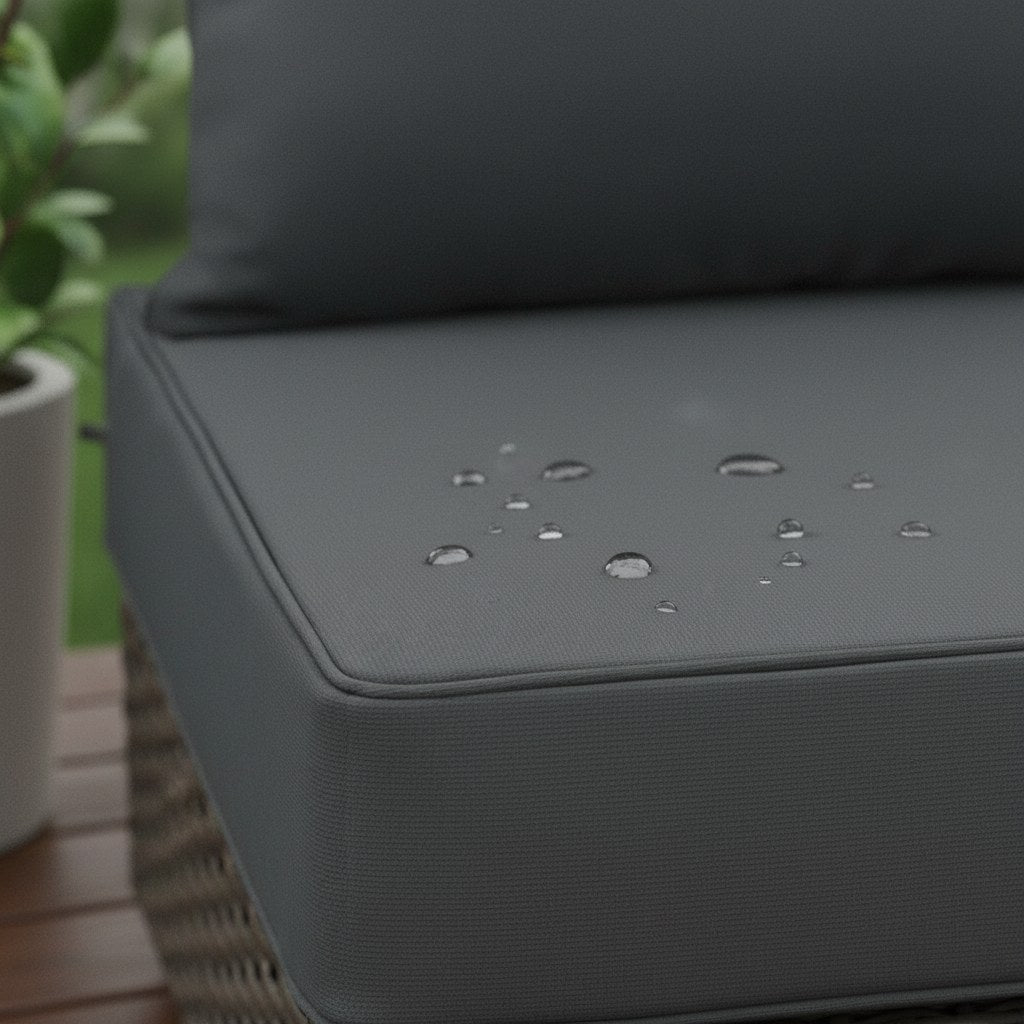Gouttes de pluie sur le tissu imperméable d'un coussin de salon de jardin gris anthracite