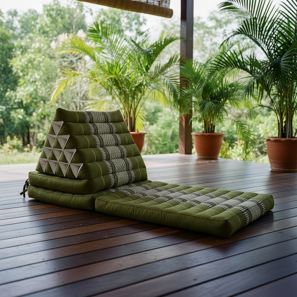 Coussin thaï vert sur une terrasse couverte en teck