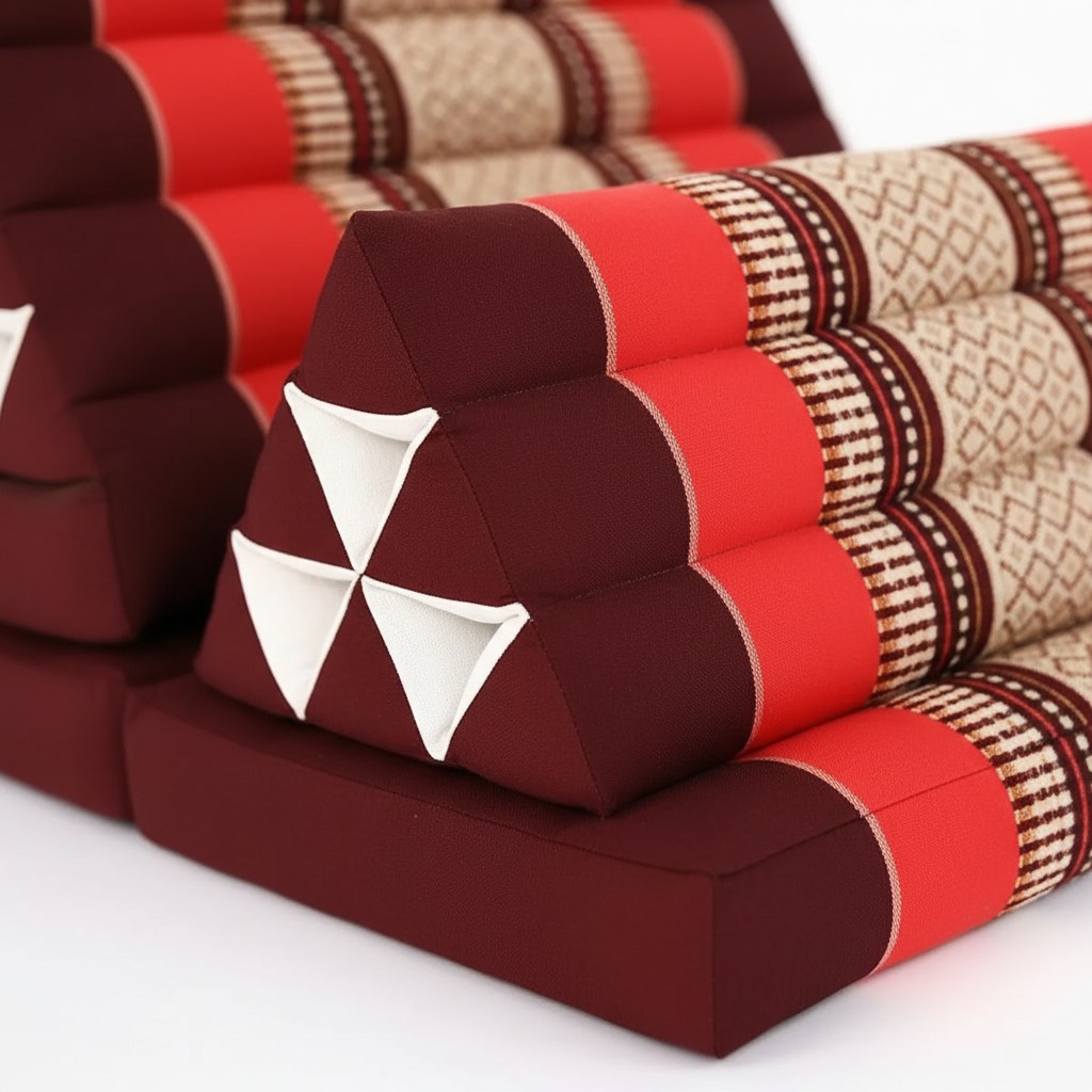 Détail des triangles blancs et des boudins en coton rayé d'un coussin thaï