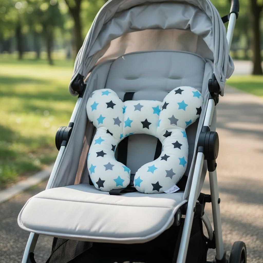 Coussin de voyage enfant à étoiles bleues posé dans une poussette vide