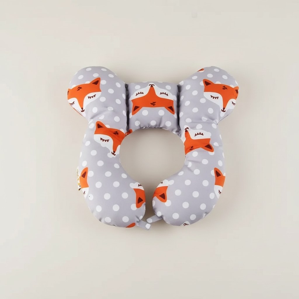 Coussin de voyage enfant en forme de U, motif renard sur fond gris à pois