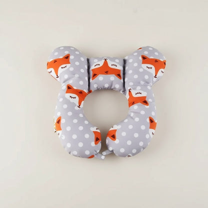 Coussin de voyage enfant en forme de U, motif renard sur fond gris à pois