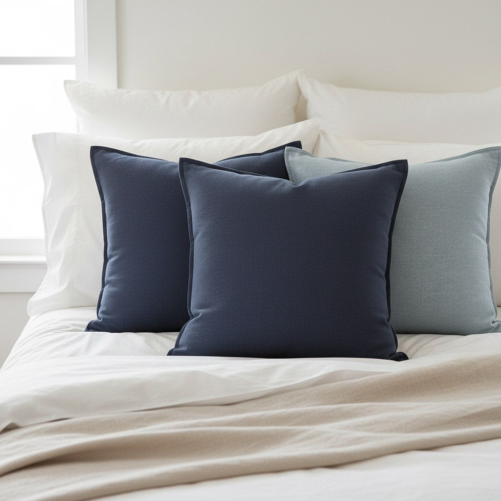 Coussins bleu marine et bleu gris devant les oreillers blancs d'un lit