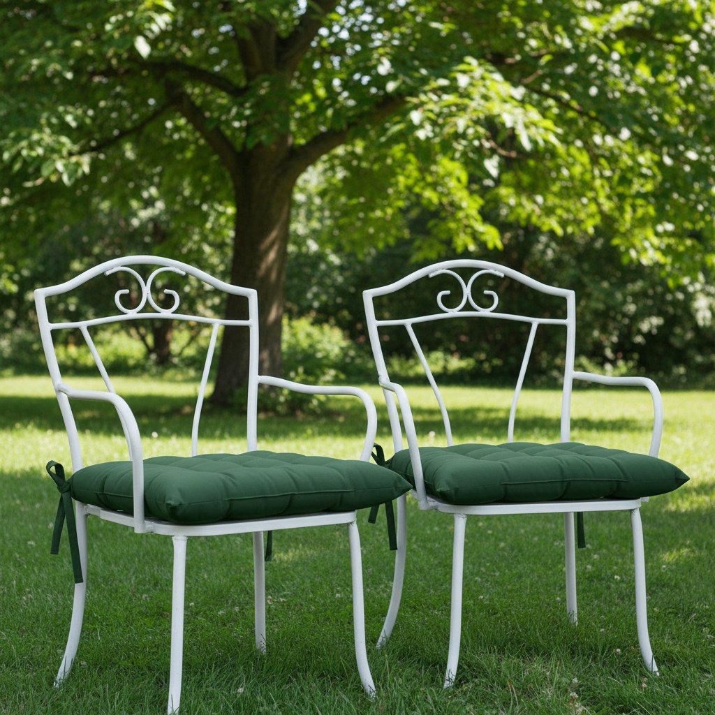 Coussins vert forêt sur des chaises de jardin en fer forgé blanc