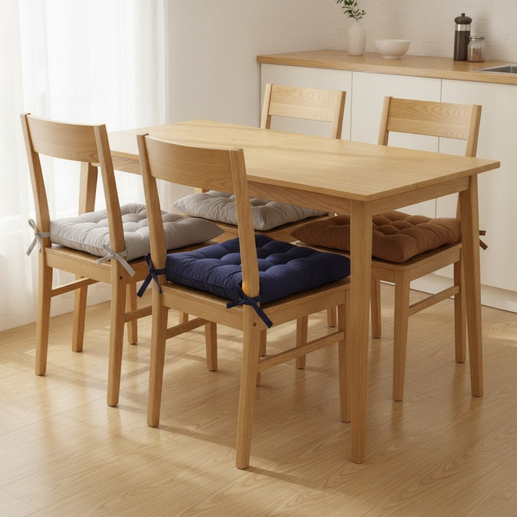 Trois coussins de chaise gris clair, bleu marine et café sur des chaises en chêne autour d'une table