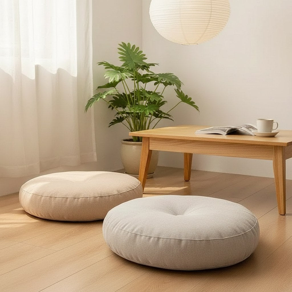 Coussins de sol style futon japonais crème et gris près d'une table basse