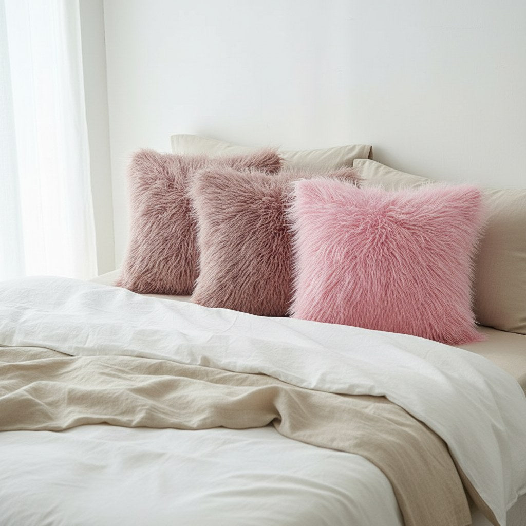 Coussins en fausse fourrure vieux rose et rose sur un lit