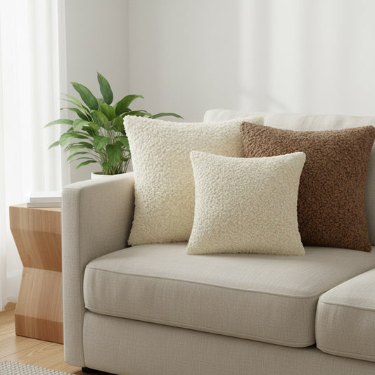 Coussins en laine moutonnée crème et marron sur un canapé en lin beige