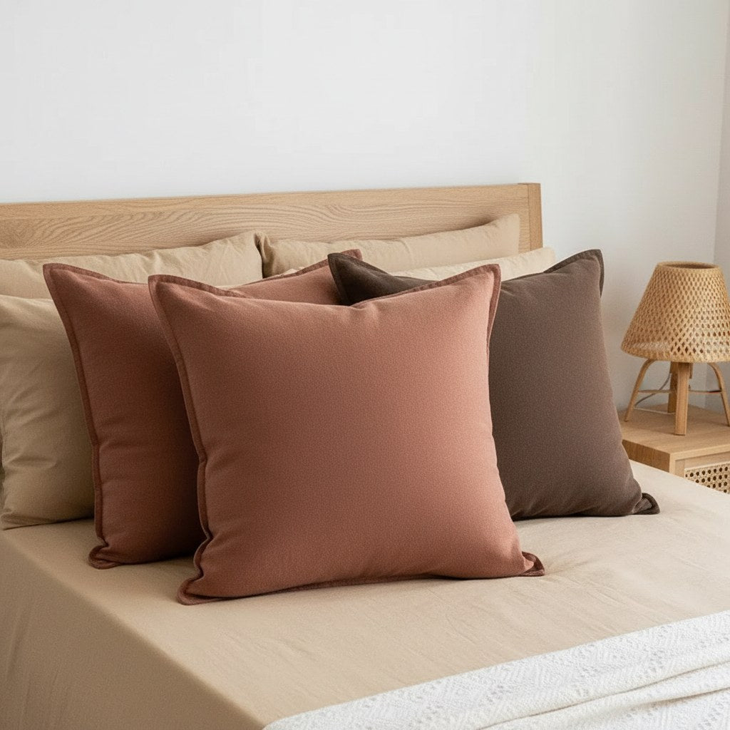 Coussins de lit 66 x 66 cm terracotta et café devant une tête de lit en bois