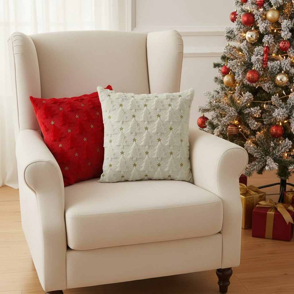 Coussins de Noël rouge et blanc à sapins étoilés dans un fauteuil crème près du sapin