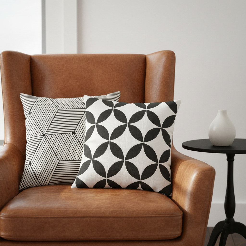 Coussins noir et blanc à cubes et à cercles dans un fauteuil en cuir cognac
