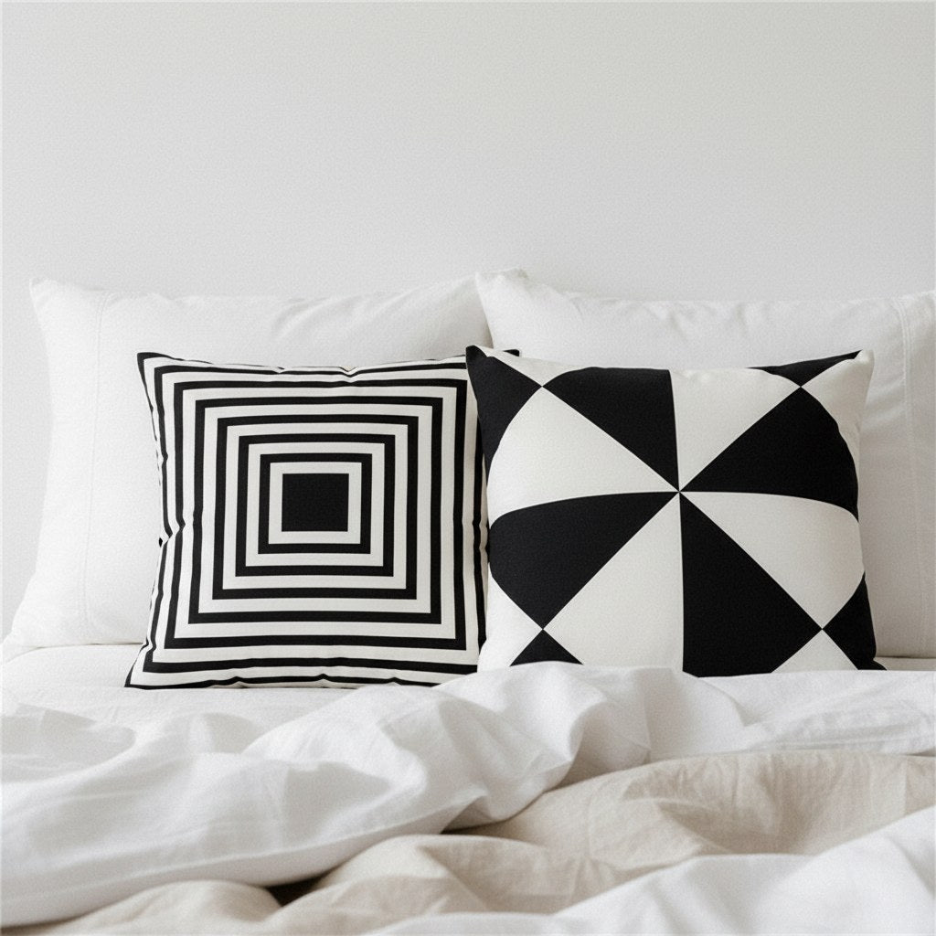 Coussins noir et blanc à carrés emboîtés et à triangles sur un lit blanc