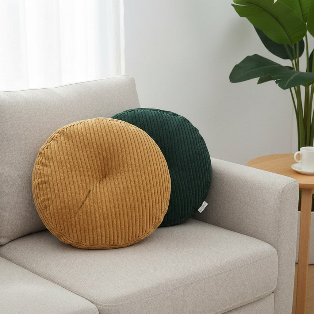 Coussins ronds en velours côtelé ocre et vert sur un canapé
