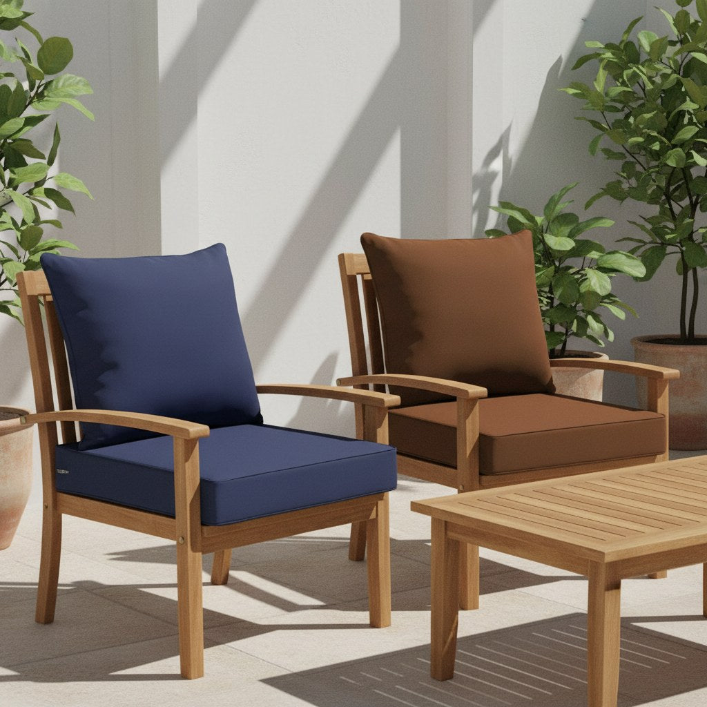 Deux fauteuils de jardin en teck avec coussins bleu marine et café sur une terrasse ensoleillée