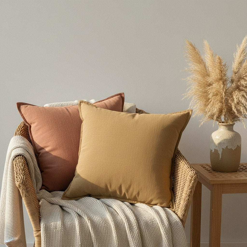 Coussins terracotta et ocre dans un fauteuil en rotin, près d'un vase d'herbes séchées